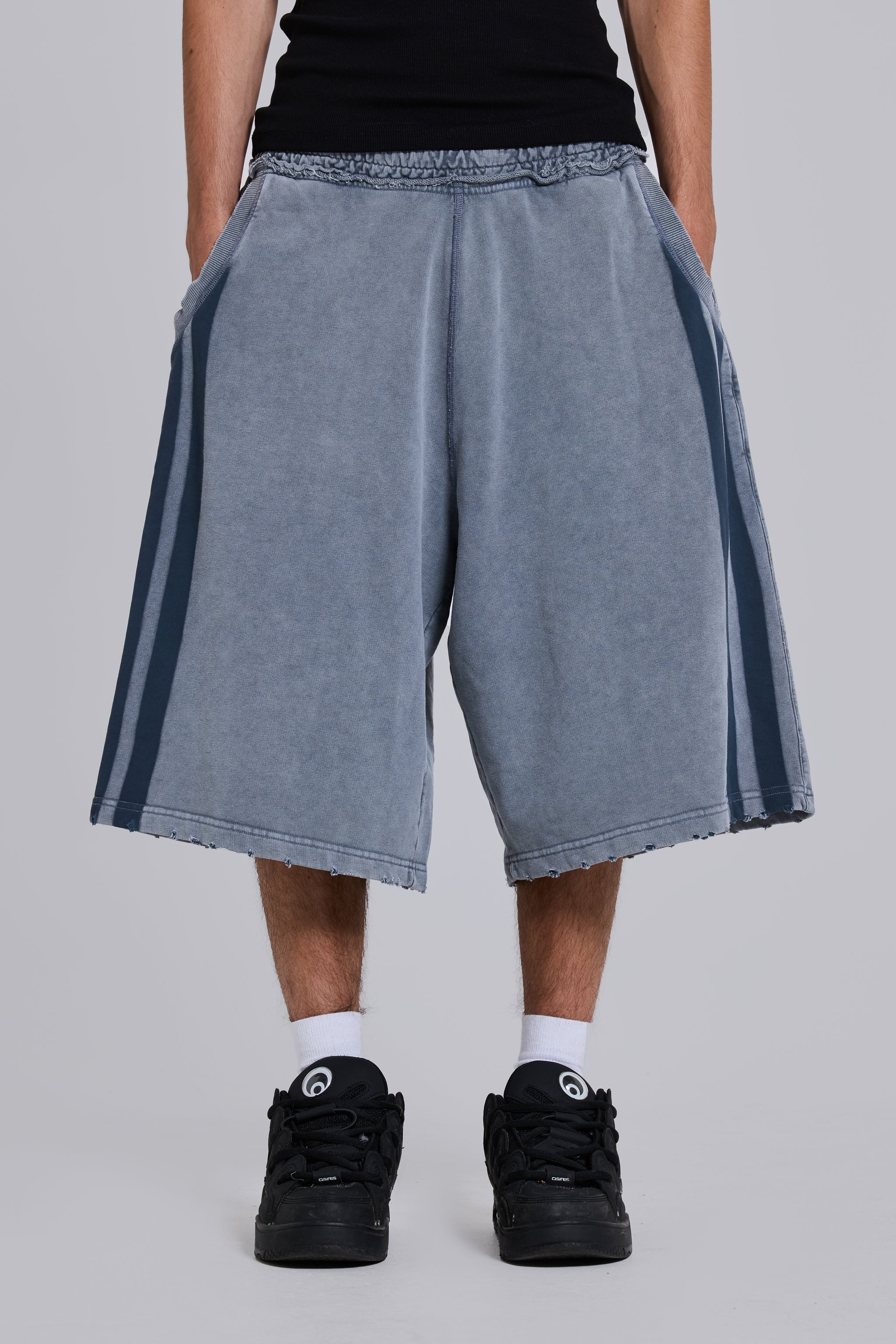 Washed Grey Sporty Stripe Monster Jogger Shorts