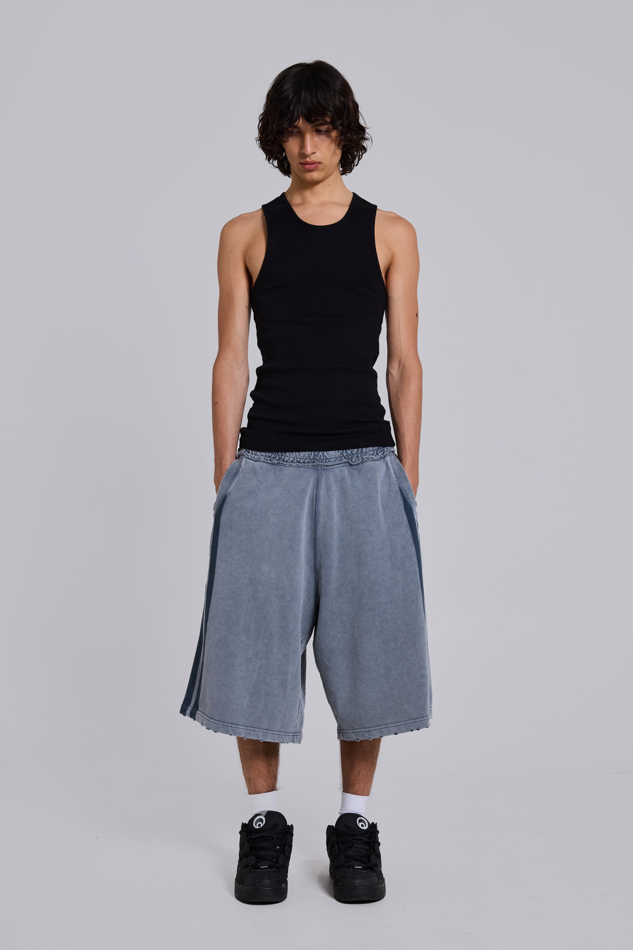 Washed Grey Sporty Stripe Monster Jogger Shorts