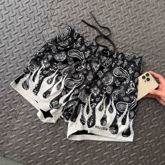 MUAY THAI SHORTS (MID THIGH CUT) BANDANA FLAME - BLACK / WHITE