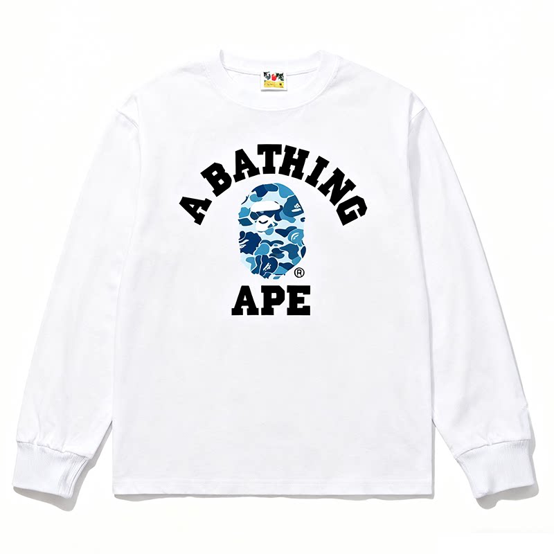 BAPE Style Collegiate Arc Logo & Camo Ape Head Long-Sleeve Tee - White/Blue