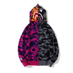 BAPE  Fall Winter Shark Split Purple Black‑Grey Camo Full‑Zip Hoodie